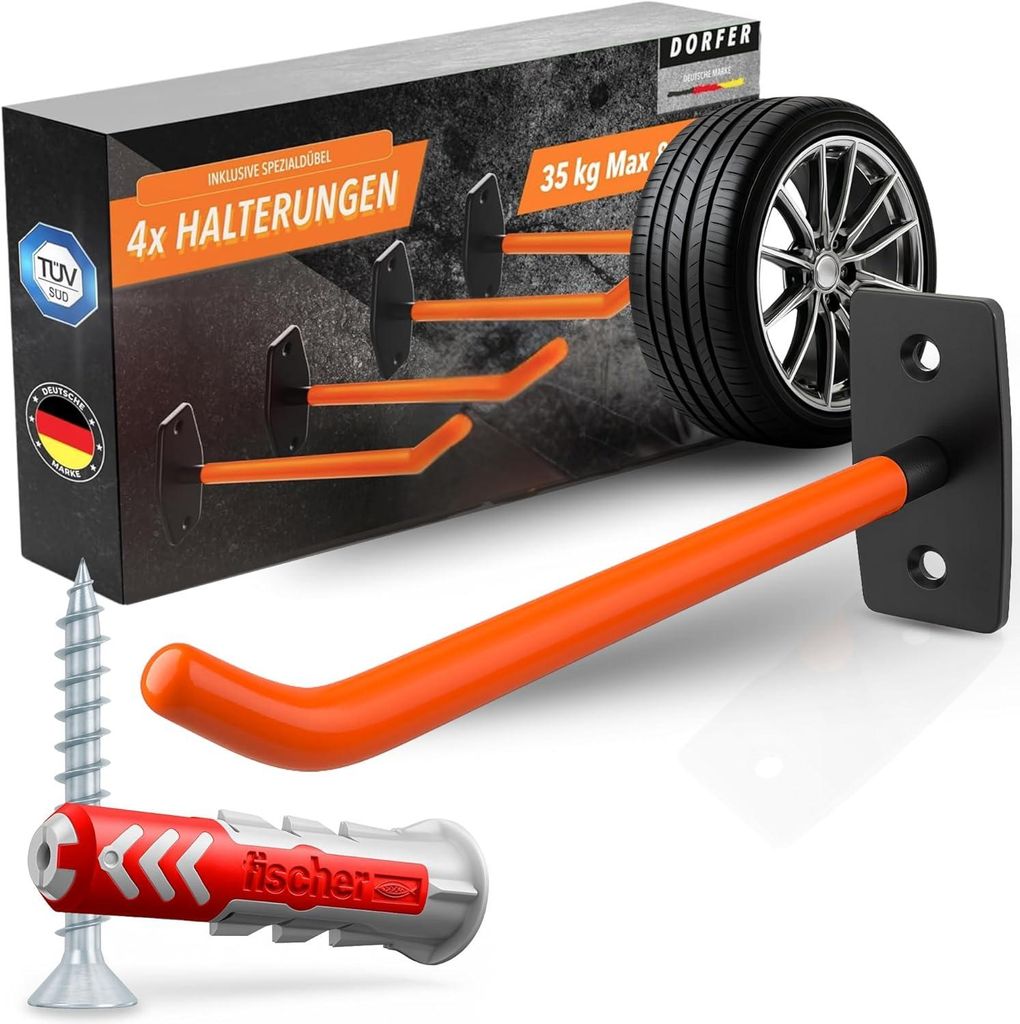 DORFER Reifen Wandhalterung 4er Set | 4x Reifenhalter Wandhalterung gehärteter Stahl inkl. deutschen Marken-Dübel & Schrauben verzinkt | Felgenha...