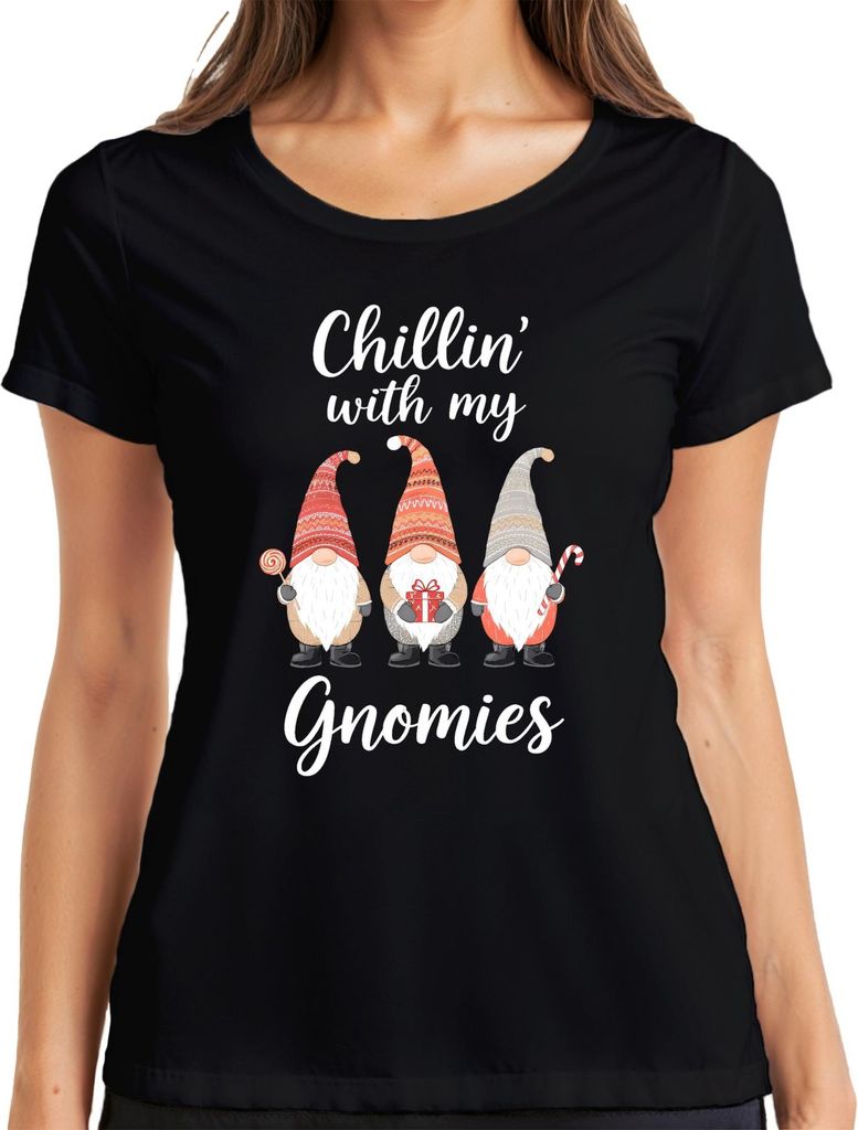 Chillin' with my Gnomies Weihnachten Weihnachtsgnome Wichtel Spaß Damen T-Shirt, Schwarz, XXL