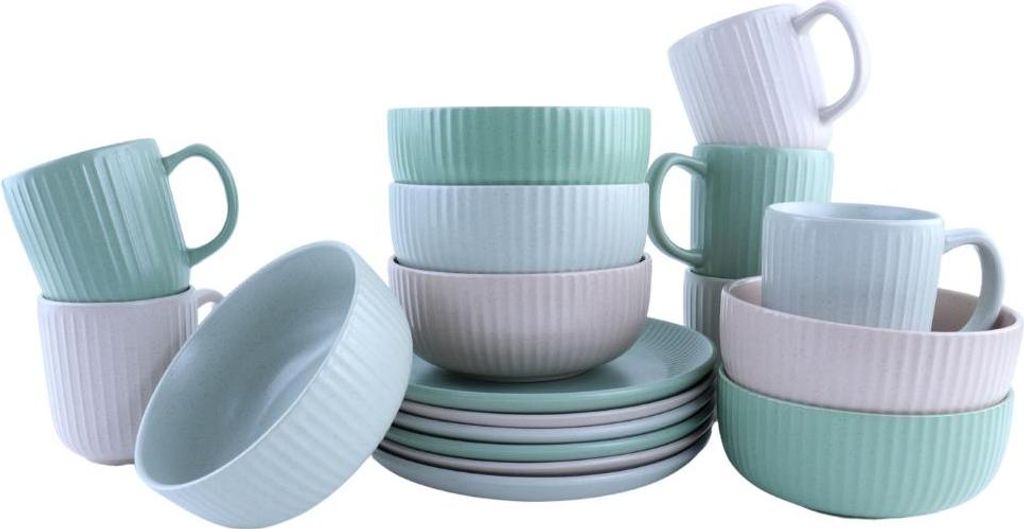 OTIX Serviesset 6 Personen Frühstücksservice mit Kaffeetassen mit Ohr Frühstücksteller Suppenschüsseln Becher 18-teilig aus Steingut AURORA