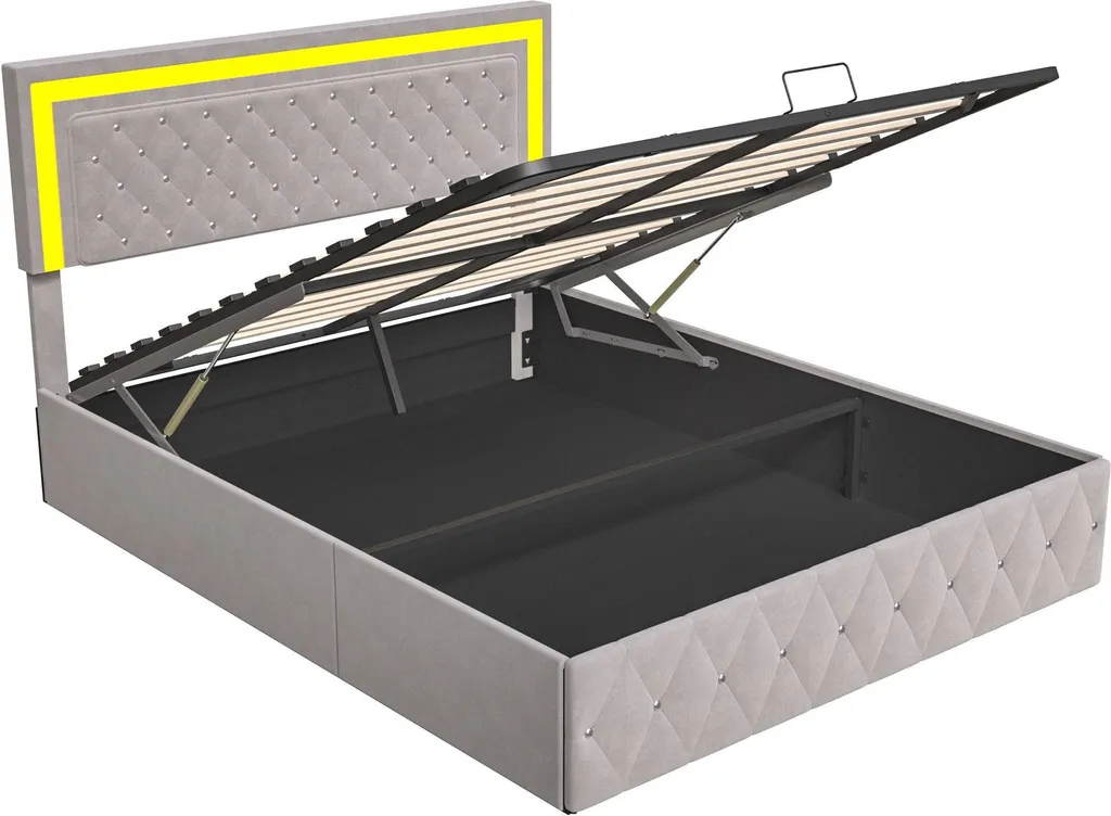 Lit 160x200cm beige design pour adulte avec LED et tête de lit confort