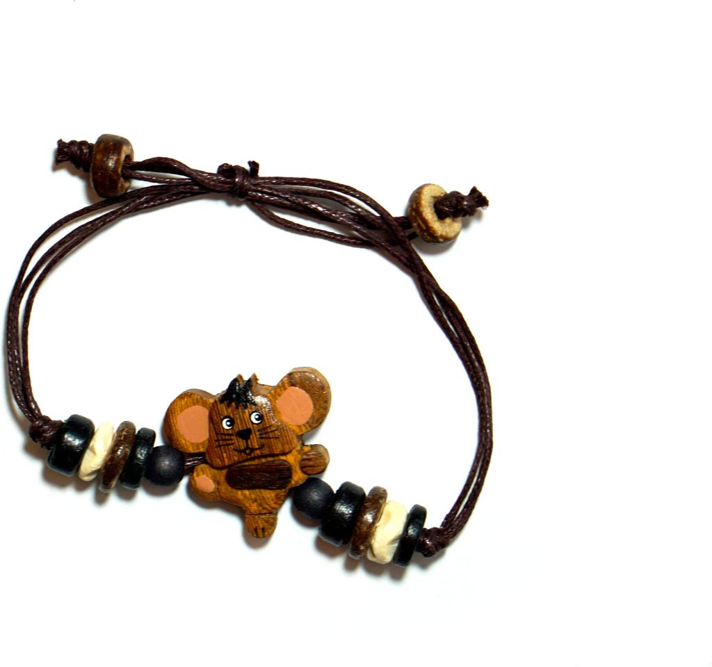 Handgefertigtes Armband aus Textil mit Holz-Maus-Design, ca. 30cm, größenverstellbar