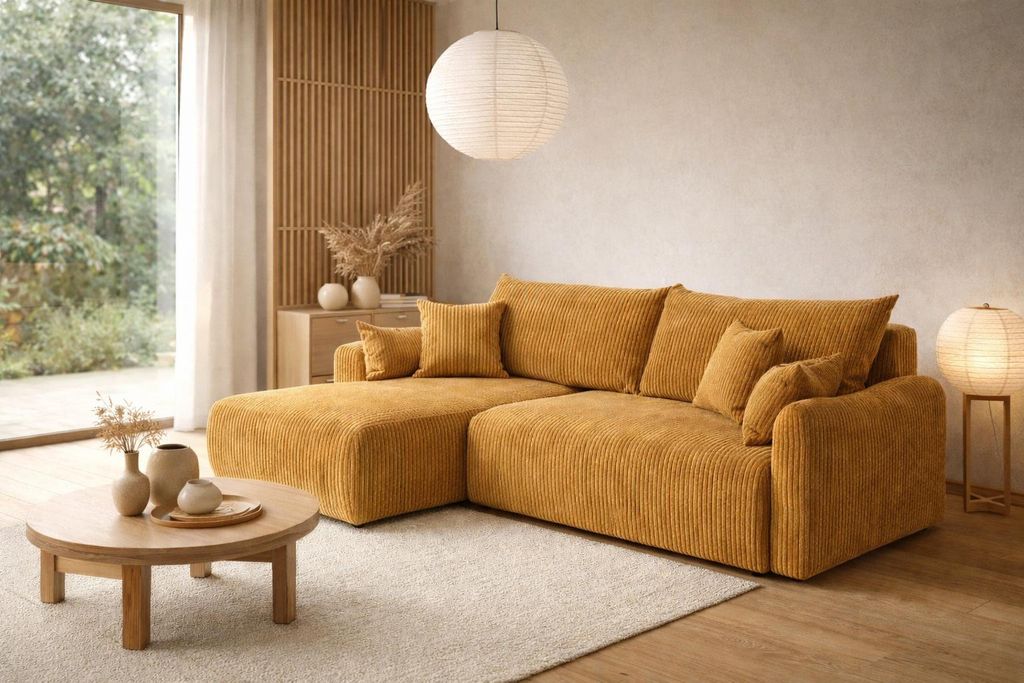 Kaiser Möbel Ecksofa mit Schlaffunktion, Cordstoff Poso, Senffarbe, Links, JAPANDI