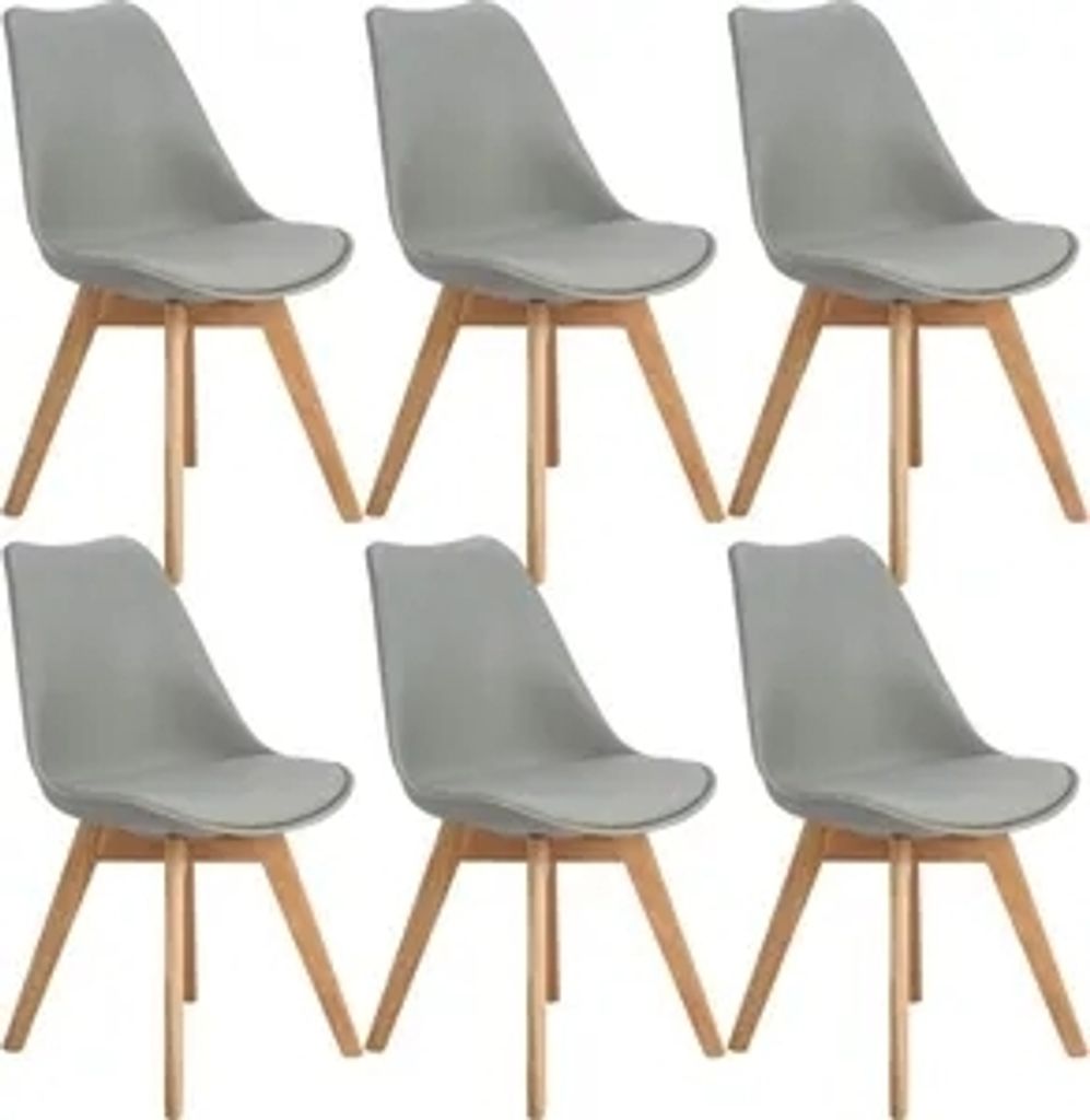 Six gray dining chairs with wooden legs arranged in two rows of three.