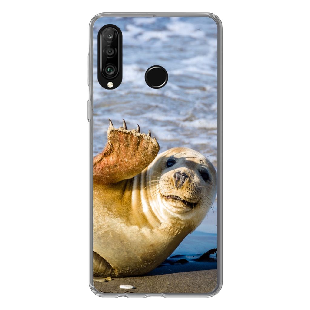 MuchoWow Handyhülle Schutzhülle Hülle für Huawei P30 Lite Robbe - Lustig - Schaukel - Kinder - Jungen - Mädchen - Kind Silikon Softcase Hand...