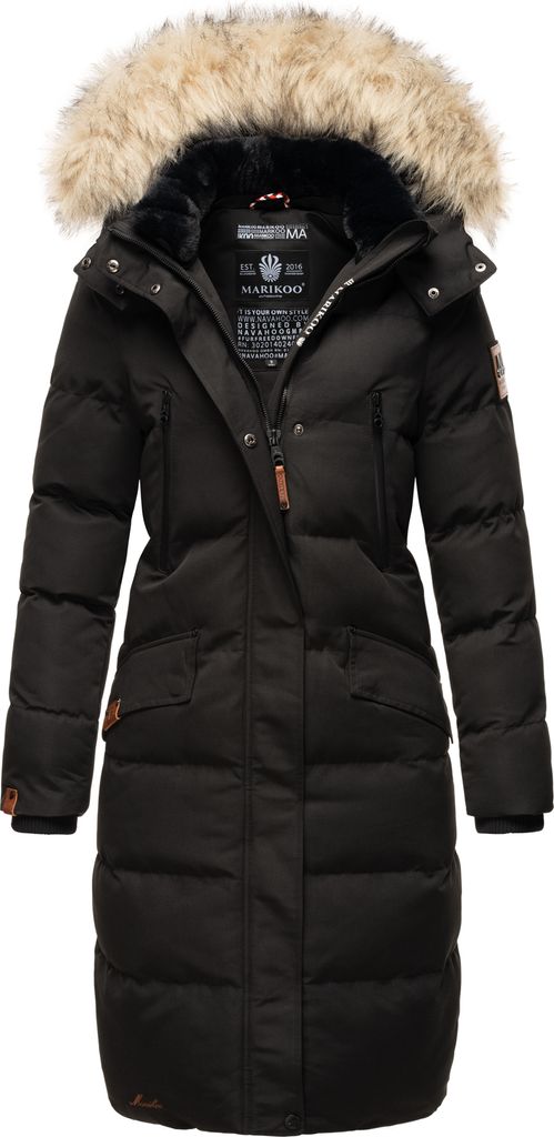 Marikoo Damen Winterjacke Langer veganer Parka Warm Stepp Mantel mit abnehmbarer Kapuze und Kunstfellkragen Schneesternchen Schwarz Gr: 44 - XXL