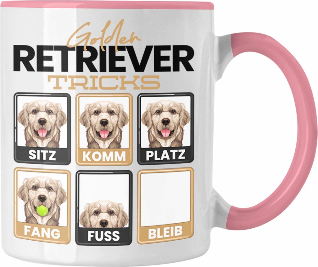 Trendation - Golden Retriever Besitzer Tasse Geschenk Lustiger Spruch Geschenkidee Golden Retriever Tricks Bleib (Rosa)