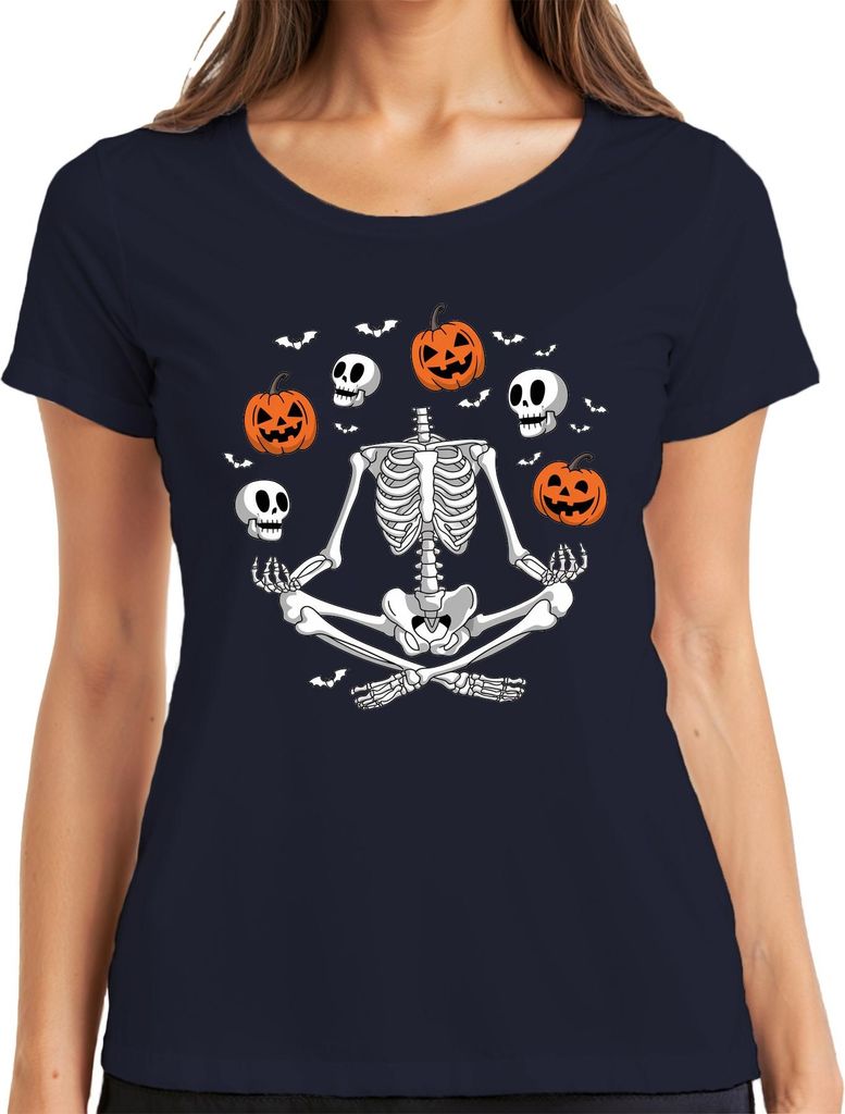 Halloween Skelett Yoga Meditation Kürbis Totenkopf Fledermaus Damen T-Shirt, Navy, XL