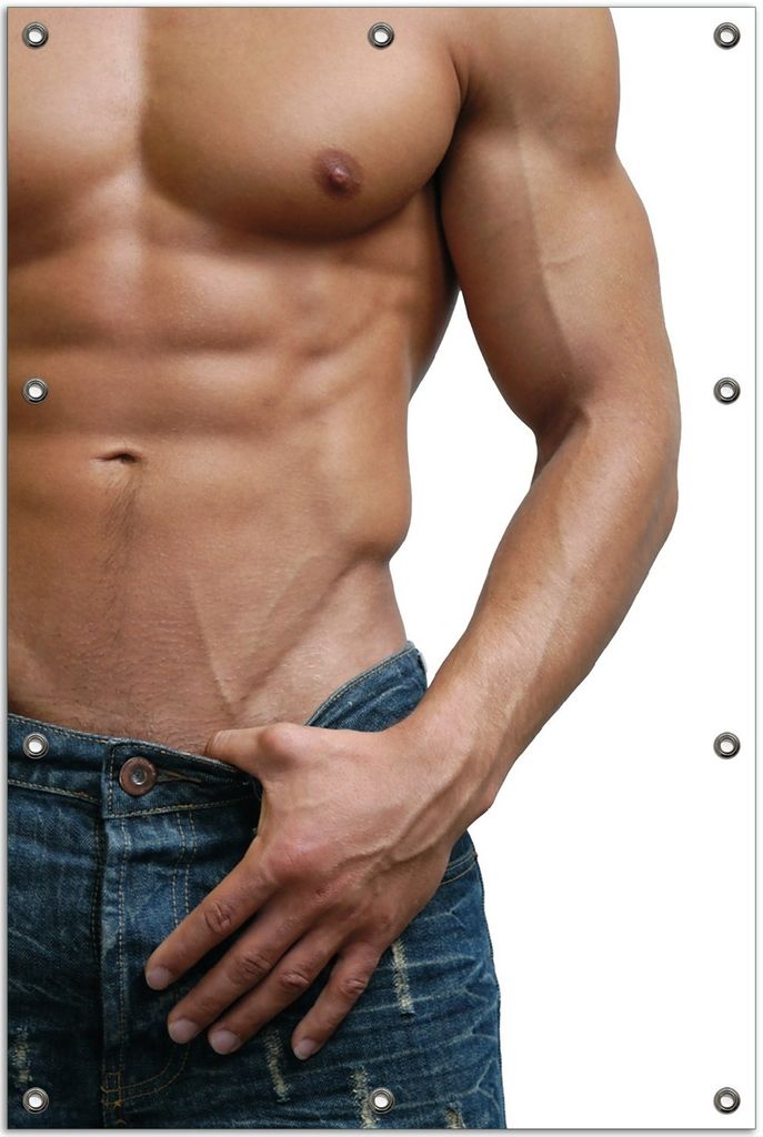 Wallario Outdoor-Poster für Garten oder Balkon, Motiv Halbnackter Mann mit Jeans, in ca. 80 x 120 cm