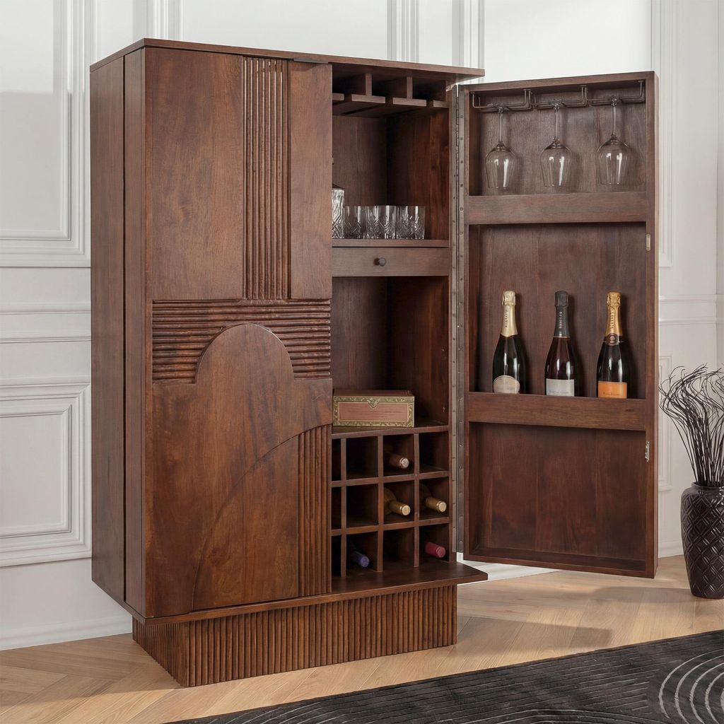 riess-ambiente Barschrank ART DECO 140cm braun massives Mangoholz Highboard mit 3D-Front Flaschenregal