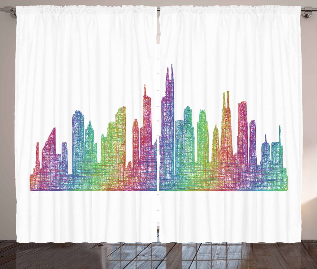 ABAKUHAUS Chicago Skyline Rustikaler Gardine, Abstrakte Szene, Schlafzimmer Kräuselband Vorhang mit Schlaufen und Haken, 280 x 225 cm, Mehrfarbig