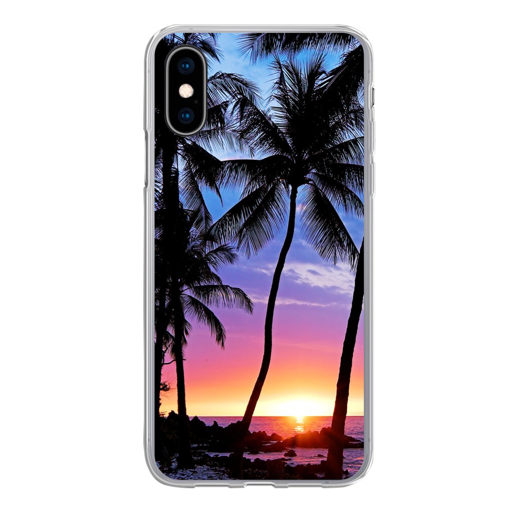 MuchoWow Handyhülle Schutzhülle Hülle für iPhone X Eine Silhouette von Palmen während eines Sonnenuntergangs auf Hawaii Silikon Softcase Han...