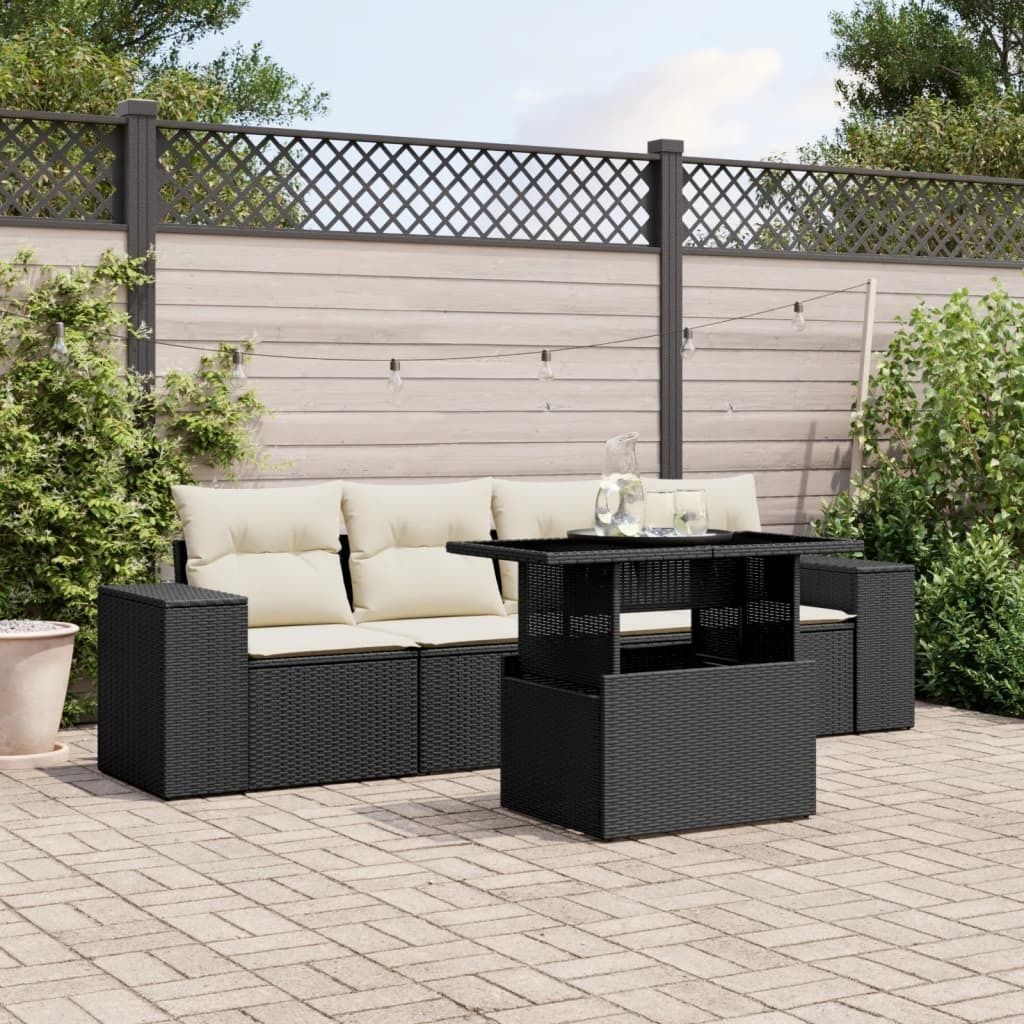"Rabatt" 5-tlg. Garten-Sofagarnitur - mit sofa - mit Kissen Schwarz Poly Rattan - Lounge-Dining set CC10507