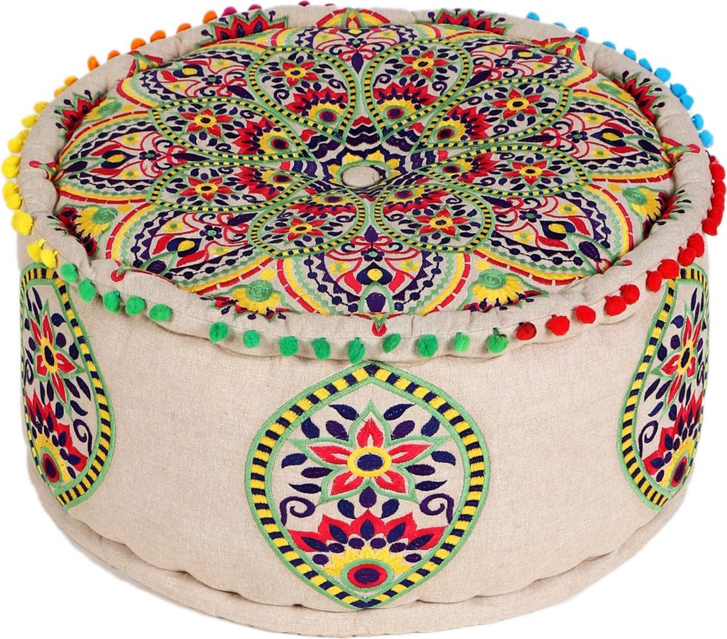 Marrakesch Pouf Sitzkissen rund 50 x 25 cm mit Füllung | Orientalischer Hocker Sitzhocker Hakika bunt aus Baumwolle bestickt mit Mandala Motiv | B...