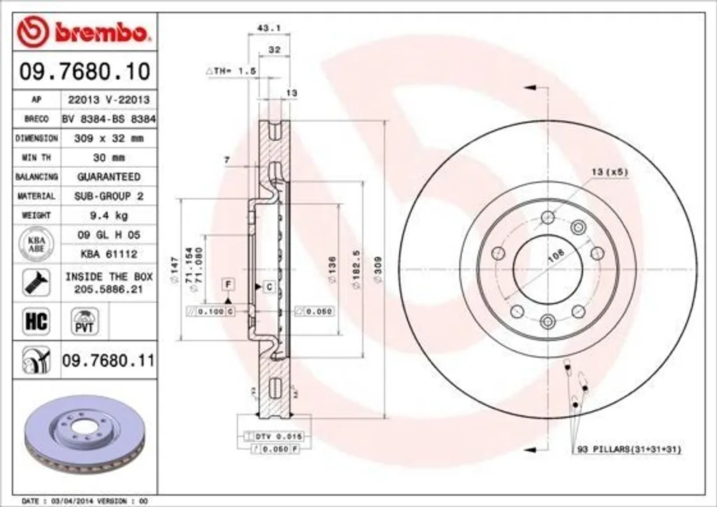 Disque de Frein Brembo 09.7680.11 Haute Résistance OE 9633114780 pour 607