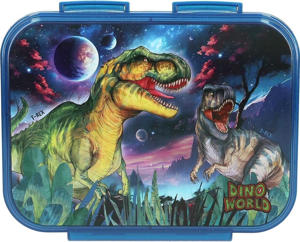 Depesche 13399 Dino World Galaxy - Brotdose in Dunkelblau, mit Dino Motiv und Weltall Design, Lunchbox mit 3 Fächern und transparentem Deckel