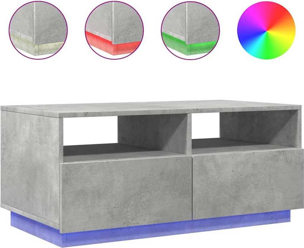 A concrete gray TV stand with LED lighting at the bottom, shown with inset images demonstrating different LED color options.
