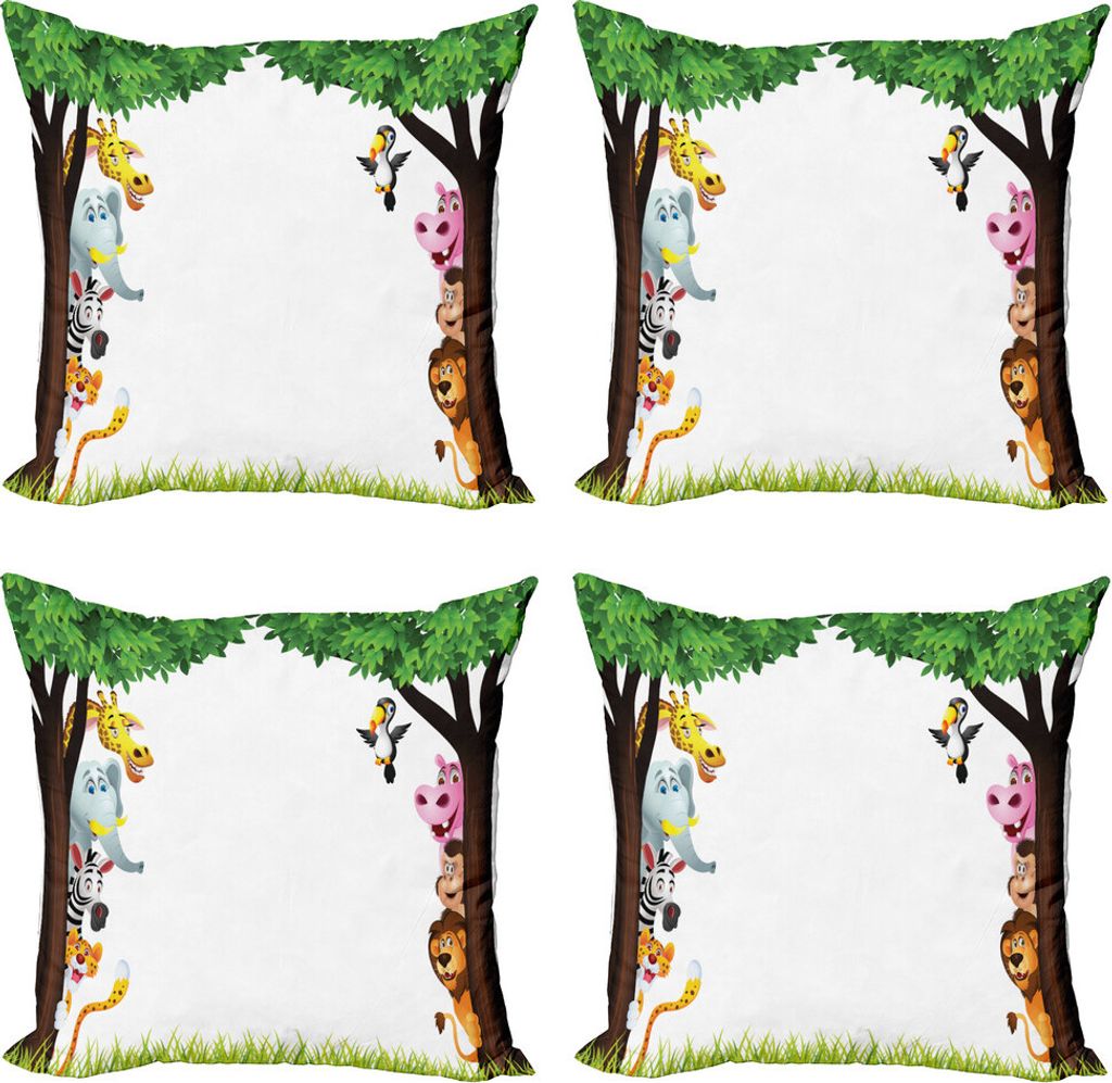 ABAKUHAUS Kindergarten Kissenbezug Set (4 Stück), Bäume Freundlich Jungle, Moderner Doppelseitiger Digitaldruck, 45 cm x 45 cm, Mehrfarbig