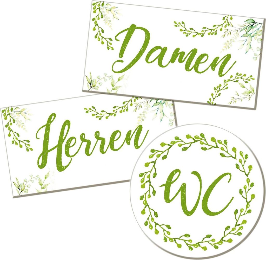 Badezimmer Türschild grün weiß floral Set „Herren“ + „Damen“ + „WC“ in Tafelkreide-Optik (15,5 cm) mit Klebepads