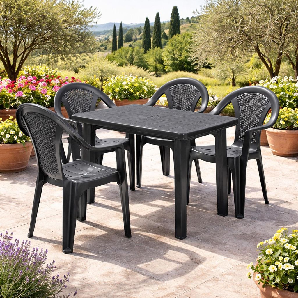 Bistrogarnitur 5-teilig Bistrotisch Gartentisch Kunststoff Eckig 100x70cm H72cm + 4 Stapelstühle Kunststoff Anthrazit