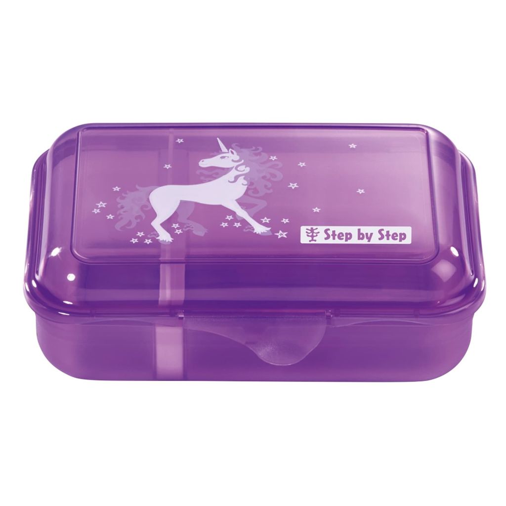 A purple lunchbox with a unicorn design.