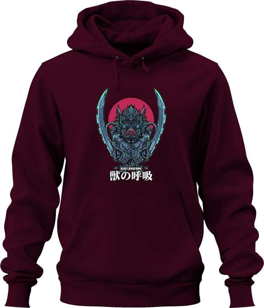 Beast Breathing Samurai Schwert Wildschwein Maske düster Uni Hoodie Kapuzenpullover, Burgundy, XL