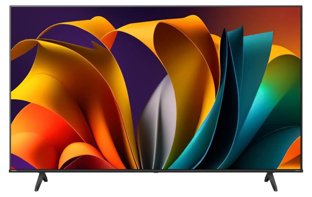 A front view of a Hisense LED TV displaying a colorful abstract image.