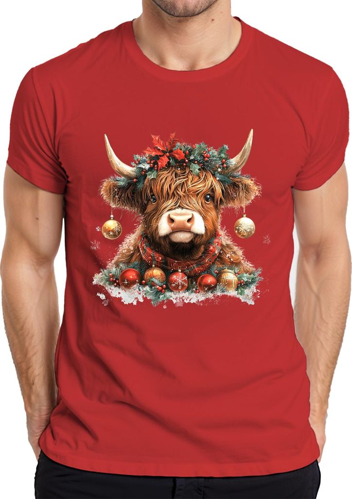 Highland Rind Weihnachten mit Kranz Stechpalme Schneeflocke Retro Herren T-Shirt, Rot, XL