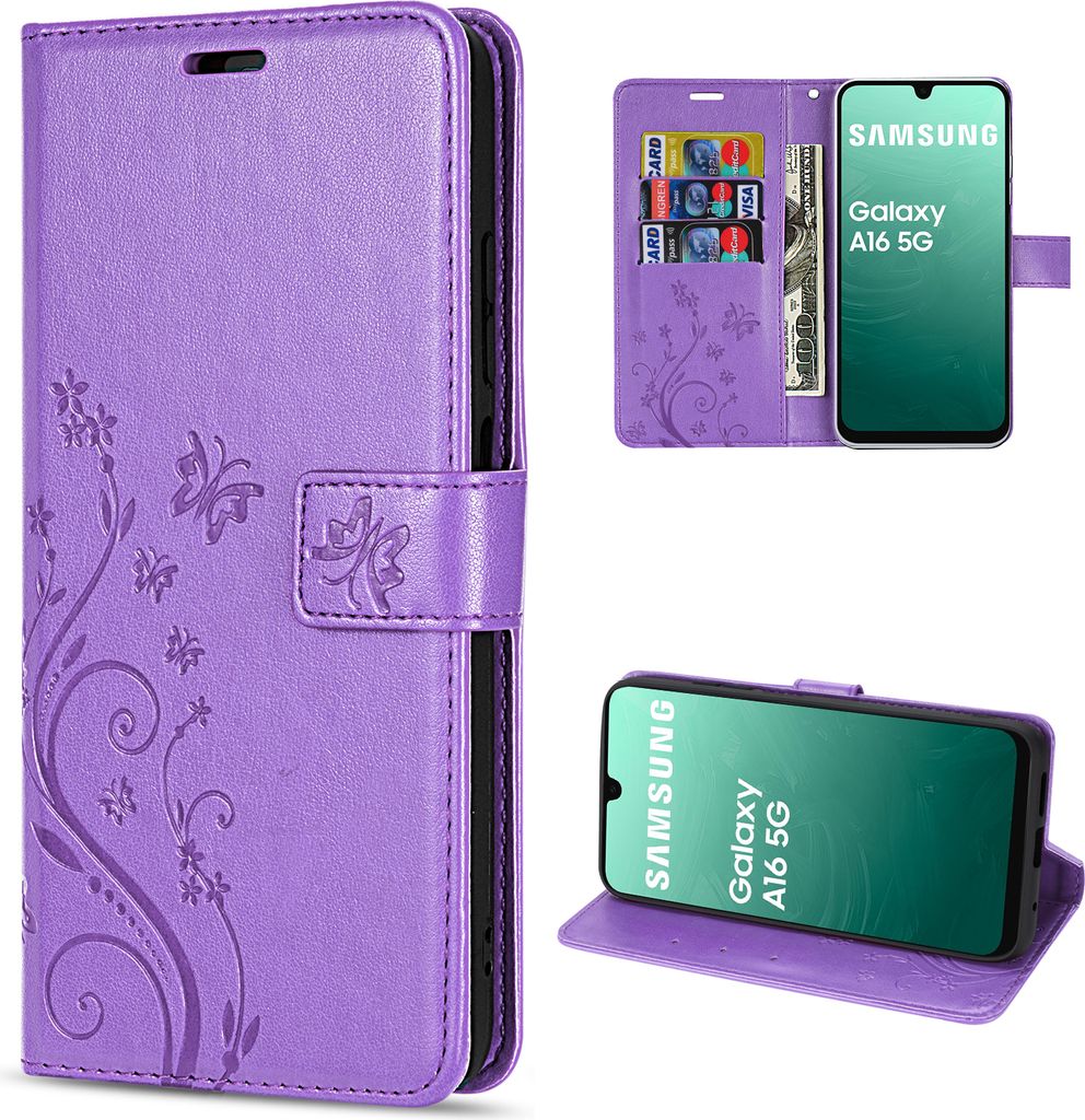 A collage of images showing a purple flip case for a Samsung Galaxy A17 5G phone, with one image showing the case open with cards and money inside, and another showing the phone inside the case.