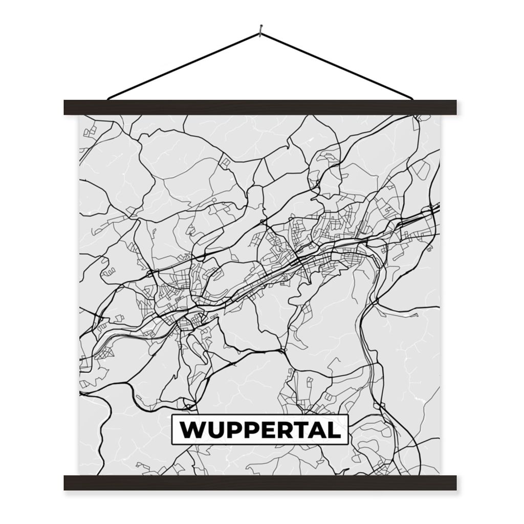MuchoWow Textilposter Karte - Wuppertal- Karte - Deutschland - Stadtplan 120x120 cm mit schwarzem Rahmen - Aufhängungsset