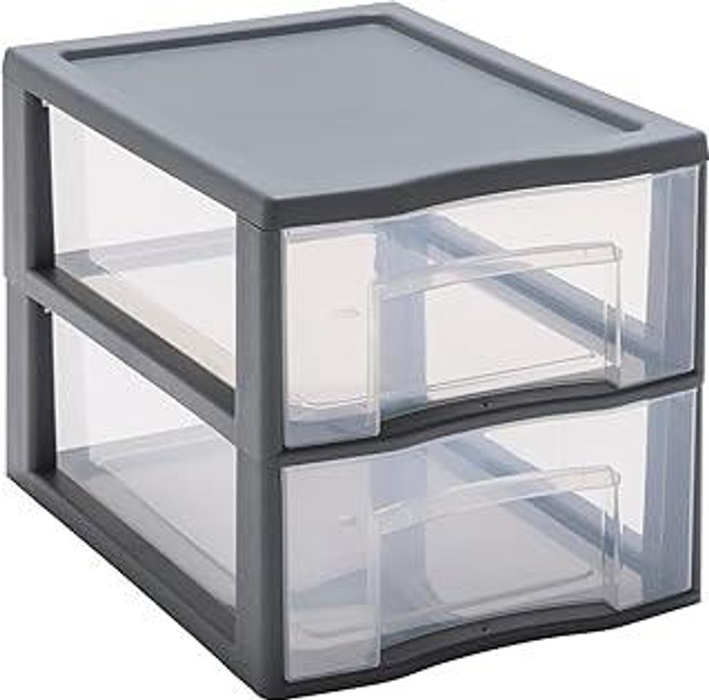 SUNDIS Tag Tower, schubladenbox aus Kunststoff, grau, 2 transparente Schubladen für A4-Papier, Höhe 25,5 cm, stapelbar, ideal für Schreibtisch, ...