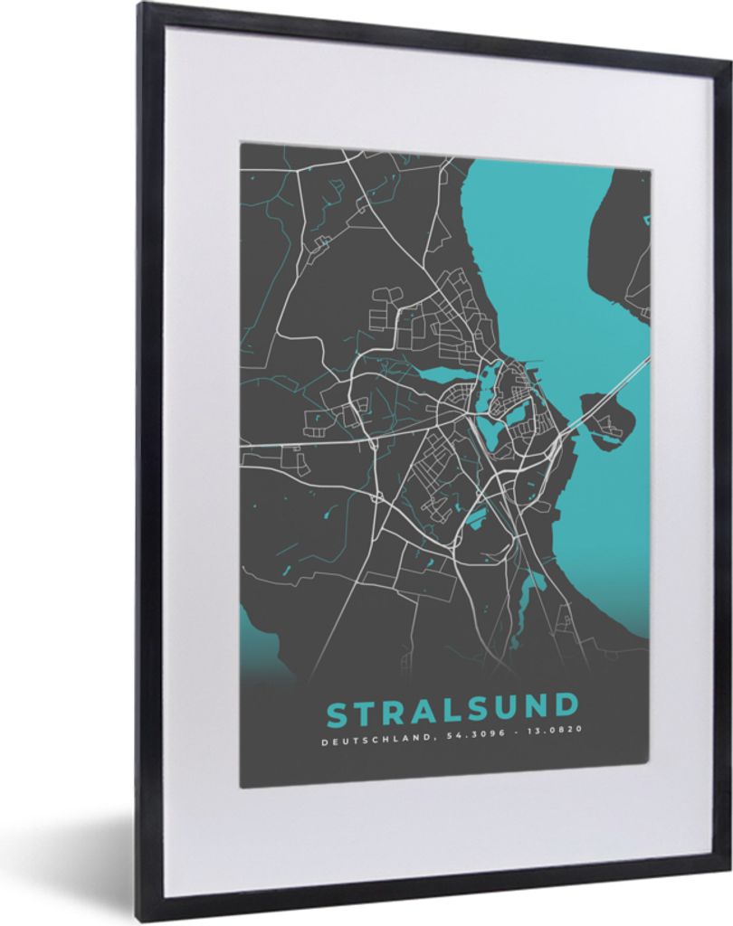 MuchoWow Gerahmtes Poster Stadtplan - Deutschland - Blau - Stralsund- Karte 30x40 cm - Poster mit Schwarzem Bilderrahmen Wandposter Rahmen Foto B...