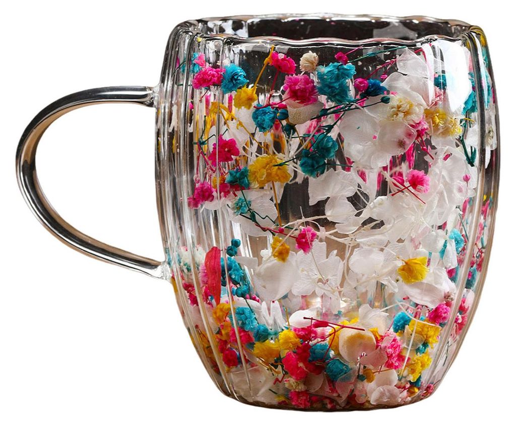 Doppelwandiger Glasbecher mit Trockenblumen, 250/350 ml, hitzebeständiger Henkel, Kaffeetasse für Heißgetränke, einzigartiges, kunstvolles Glas.