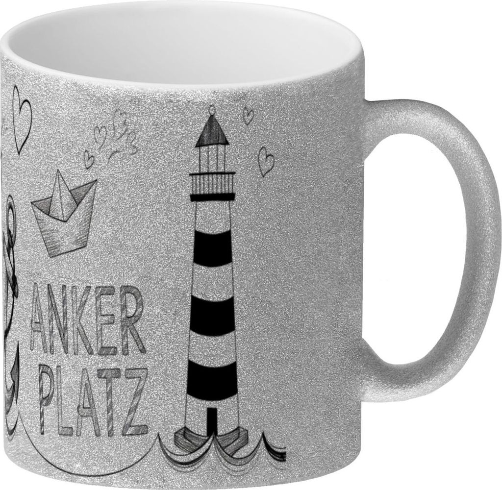 Maritim ANKER PLATZ Glitzer-Kaffeebecher mit Herzmotiven