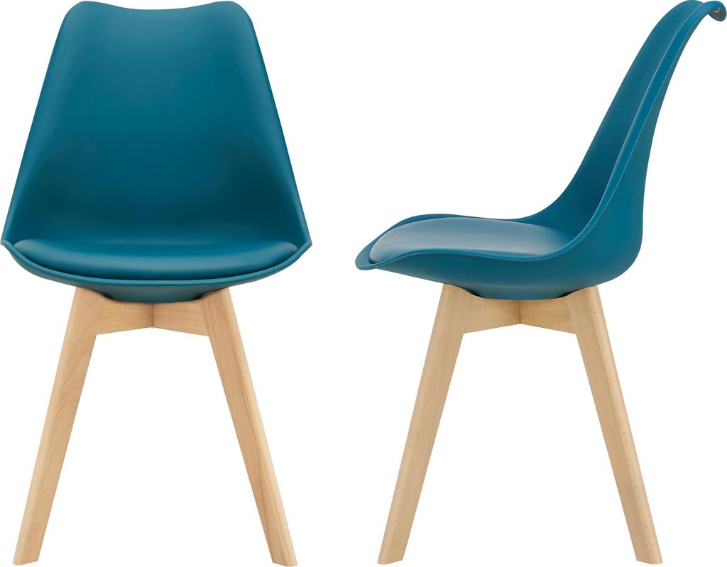 Two turquoise chairs with wooden legs are shown from different angles against a white background.