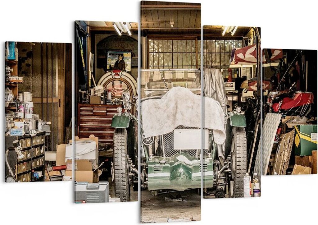 Bild auf Leinwand - Leinwandbild - 5 Teile - Historisch Auto Garage - 150x100cm - Wand Bild - Wanddeko - Wandbilder - Leinwanddruck - Bilder - Wand...