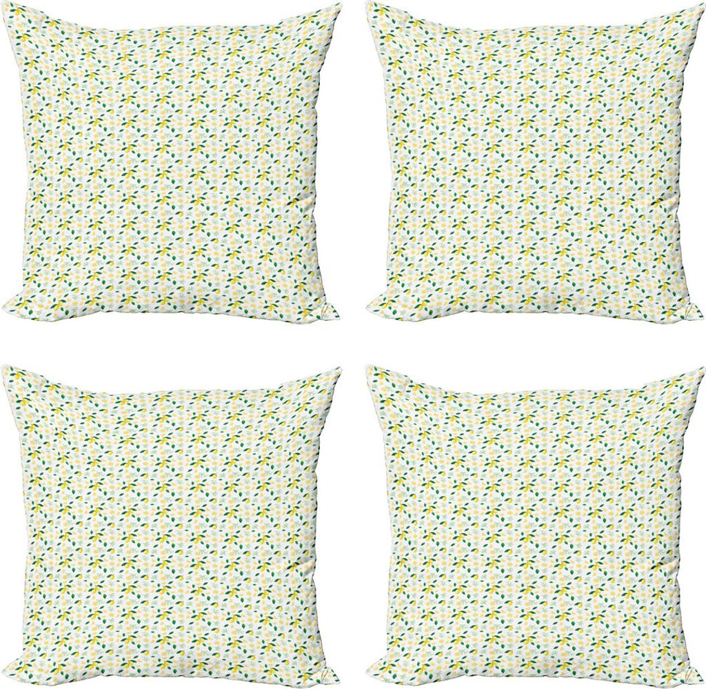 ABAKUHAUS Zitrone Kissenbezug Set (4 Stück), Sommer Juicy Scheiben Ast, Moderner Doppelseitiger Digitaldruck, 40 cm x 40 cm, Gelb Grün und Weiß