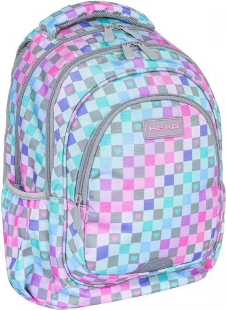 Plecak Tête Coeurs à carreaux - Sac à dos scolaire à 3 compartiments
