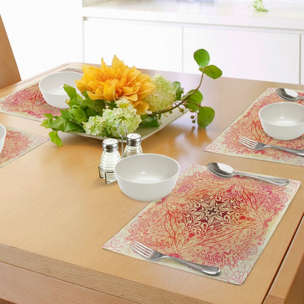 ABAKUHAUS Rote Mandala Platzmatten, Hand gezeichnete Gekritzel-Art-Blumen-Wirbel-Efeu im quadratischen Form-Bild, Tiscjdeco aus Farbfesten Stoff f...