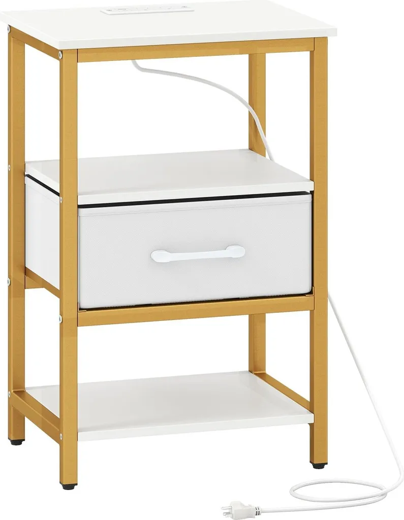 Petit meuble de chambre avec multiprise intégrée et rangement ouvert