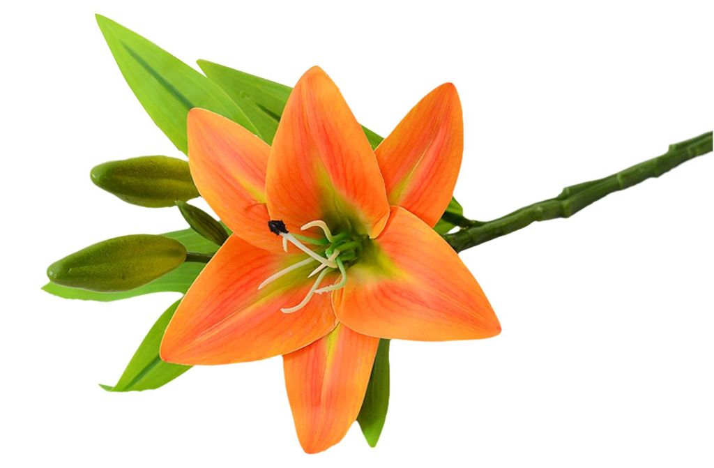Künstliche Lilie in voller Blüte, 1 Kopf mit 2 Knospen, täuschend echt wirkender Lilienzweig für Zuhause, Partys, Hochzeiten, Tischdekoration
