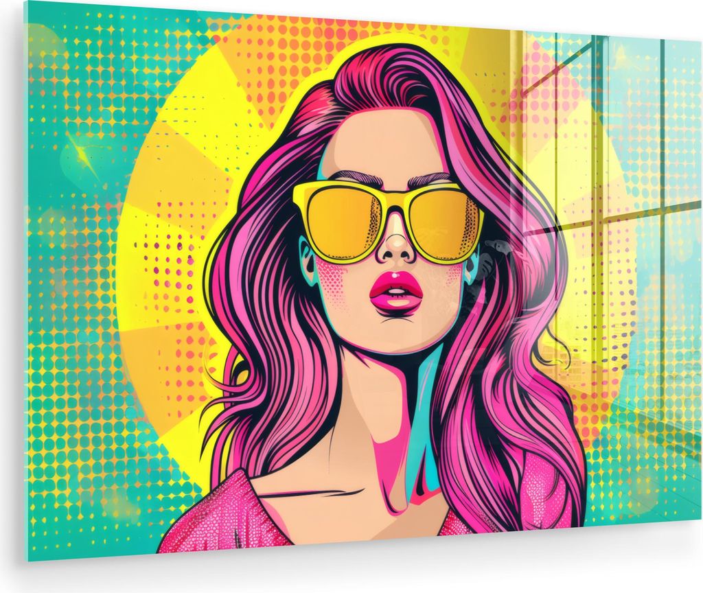 MuchoWow Glasbilder - Bilder auf Wandbild - Foto auf Glas Sonnenbrille - Frau - Sonnig - Gelb 60x40 cm Wanddekoration aus Glas - Acrylglasbild - Ac...