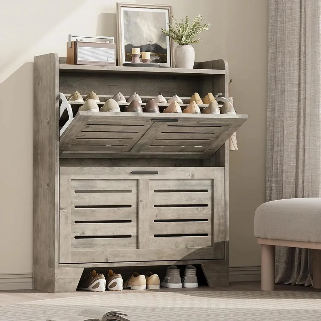 Meuble d'entrée étroit vert pour chaussures - Rangement métal 2 niveaux