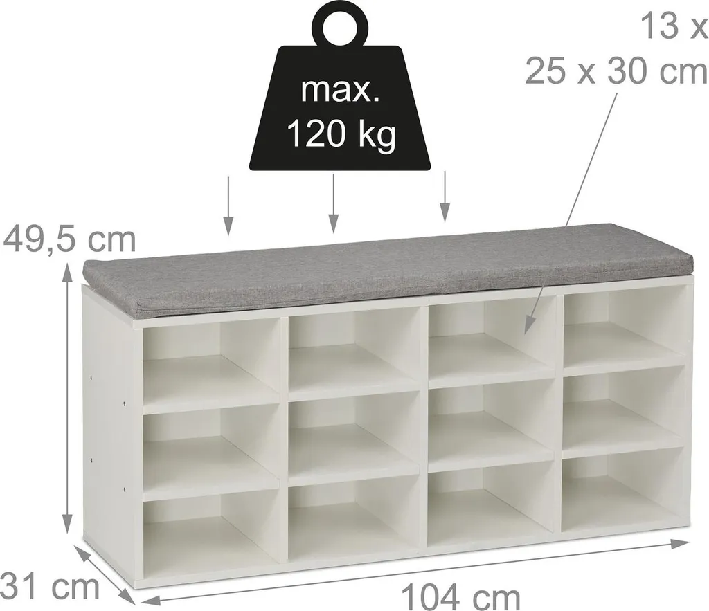 Banc à chaussures avec coussin gris et 10 compartiments de rangement - 3