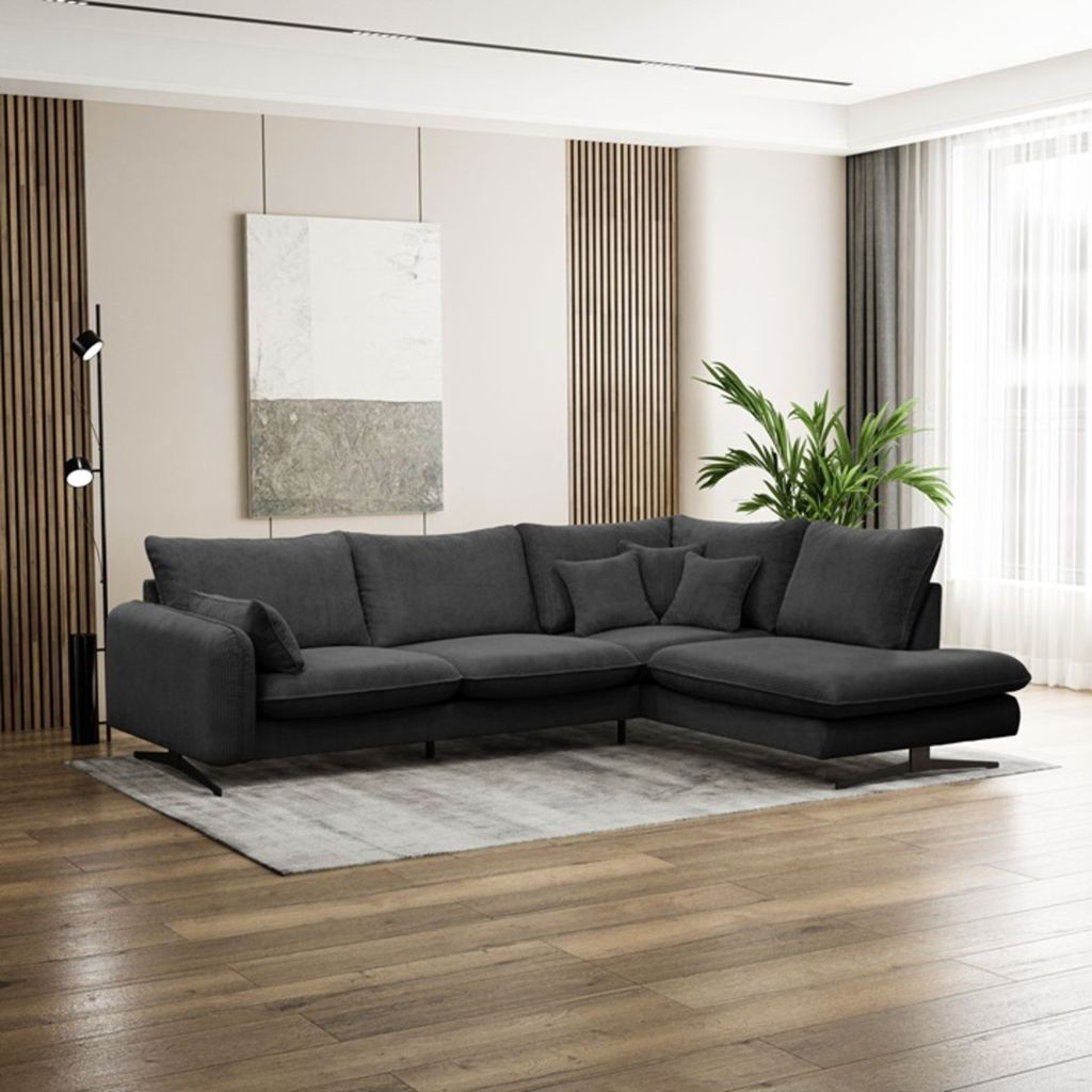 L-Form Ecksofa mit Wellenfedern Prince L L-Shape Corner Sofa aus Cord-Bezug l-förmiges Polsterecke für Wohnzimmer, Farbe: Dunkelgrau, Ottomane: R...
