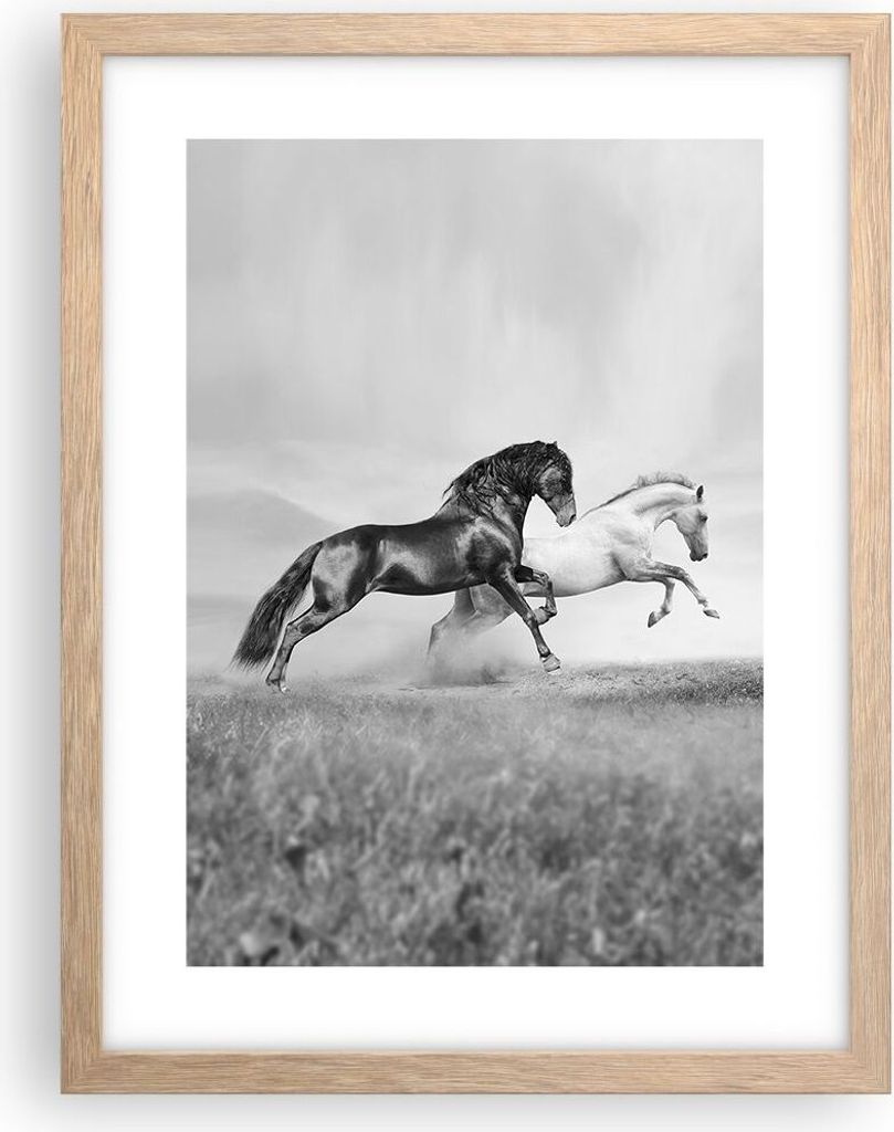 Gerahmtes Poster - Rahmen in heller Eiche - Pferde Tiere Galopp Wiese - 30x40 cm - Wand Bild - Wanddeko - Wandbilder - Wandposter - Bilderrahmen - ...