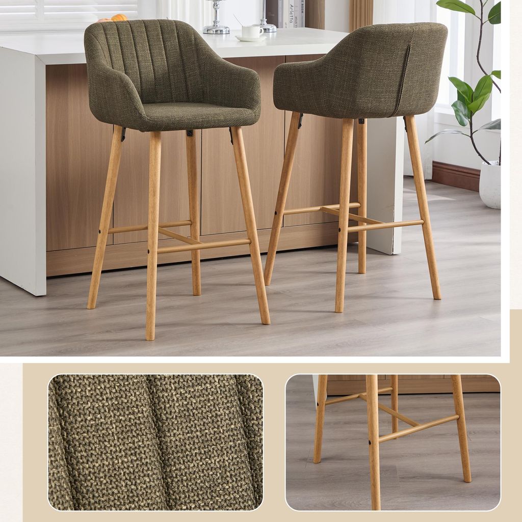 Moderne Barhocker im europäischen Stil mit hoher Rückenlehne und Armlehnen, mit Leinen bezogenen Sitzen und Holzbeinen. Geeignet für Küchen, K...