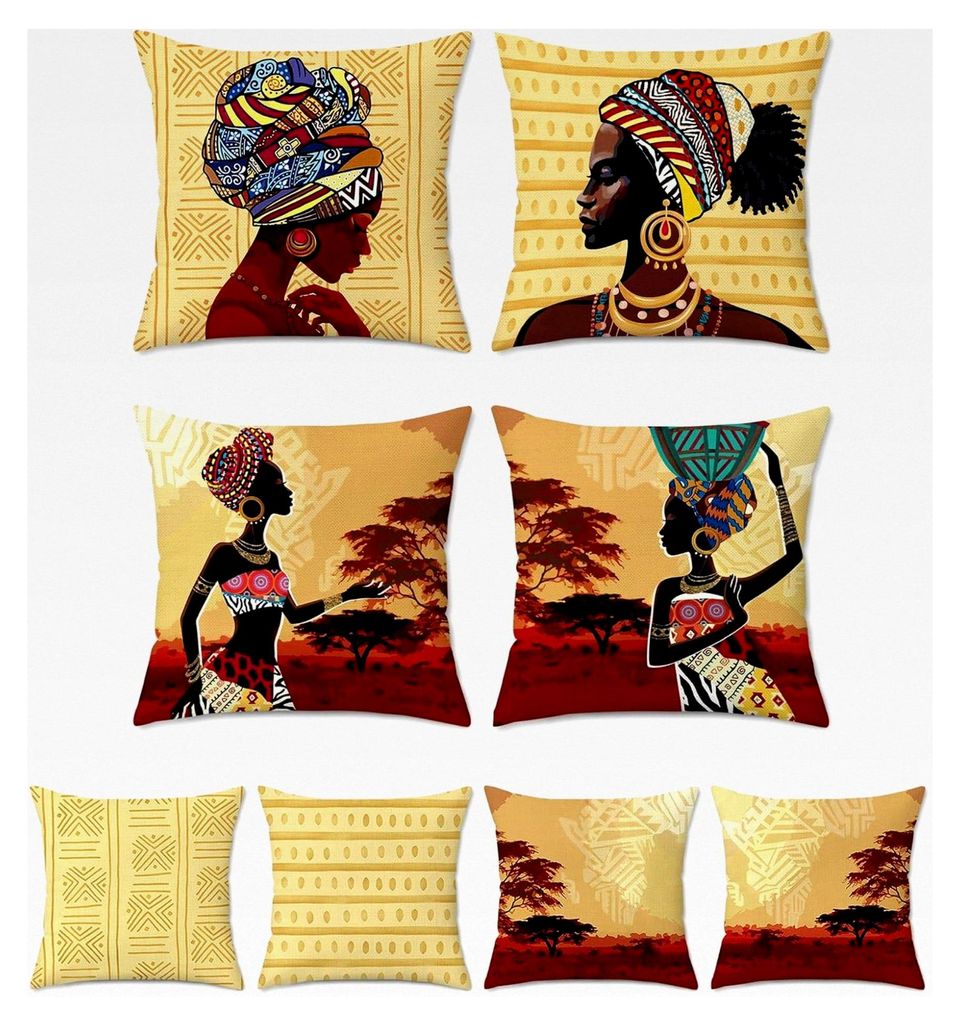 4er Set Kissenbezüge Afrikanische Frauen 45 x 45 cm Ethnisch Stammes Polyester Leinen Dekorative Kissenhülle Zierkissenbezüge für Sofa Schlafzi...