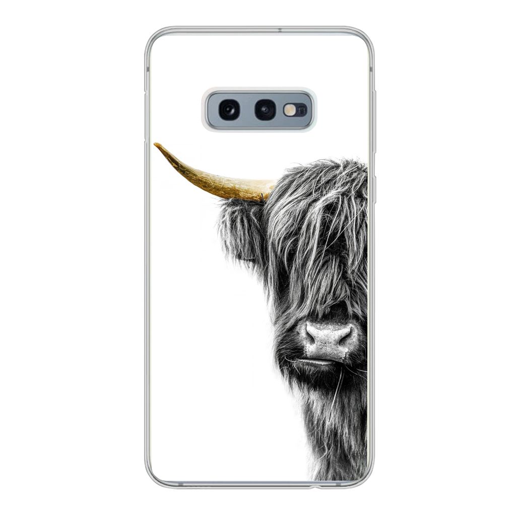 MuchoWow Handyhülle Schutzhülle Hülle für Samsung Galaxy S10e Schottischer Highlander - Tiere - Schwarz und Gold Silikon Softcase Handy Hüll...