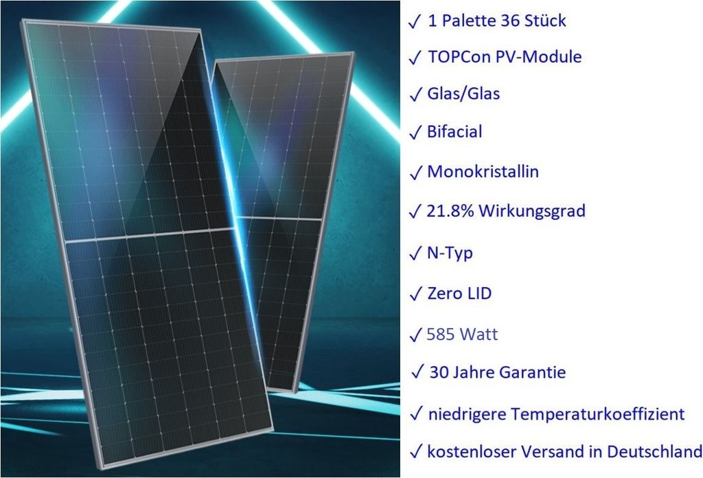 Solarmodule PV Module Glas Bifazial 585 Watt Monokristallin Silver Frame
