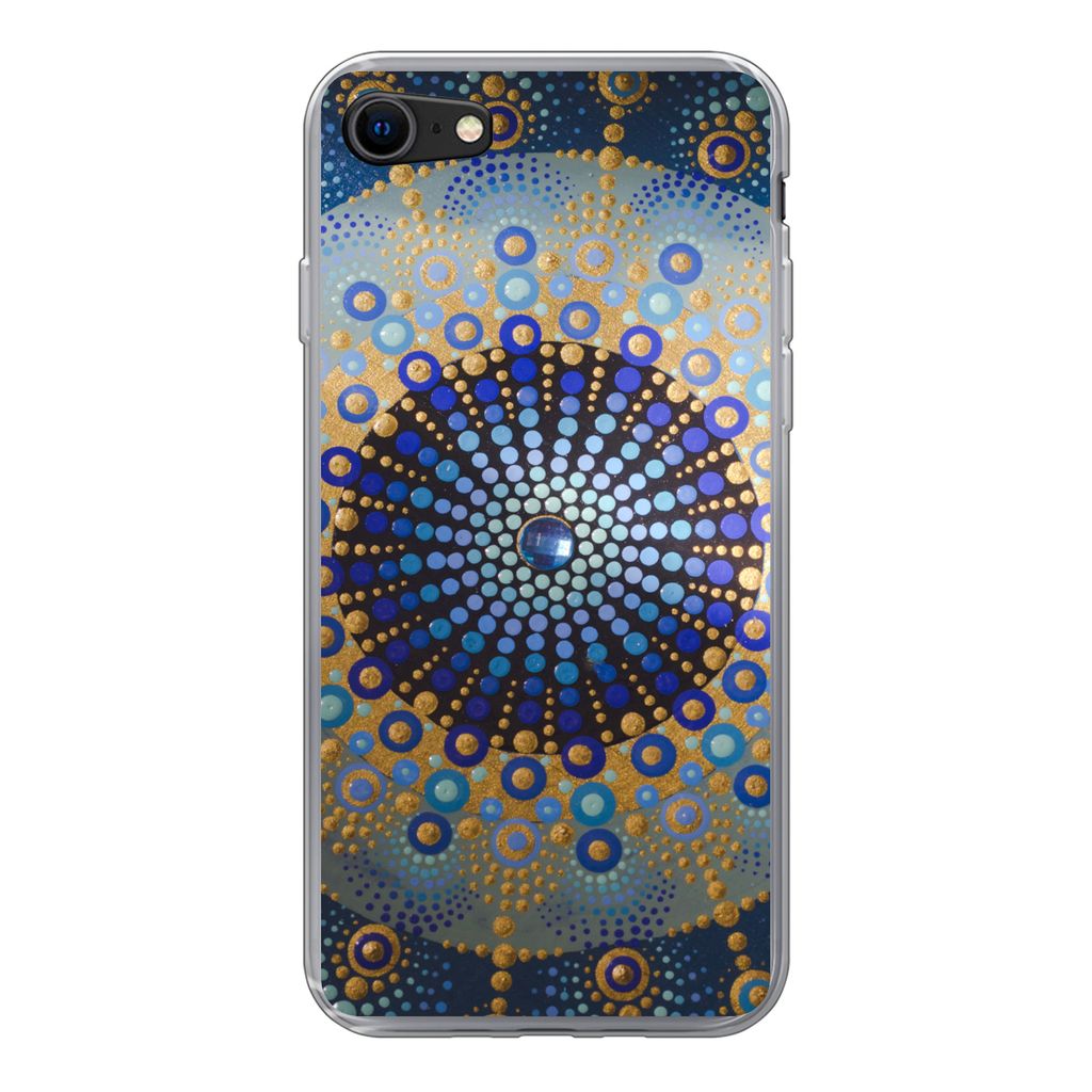MuchoWow Handyhülle Schutzhülle Hülle für iPhone SE 2020 Kreis - Mandala - Blau - Gelb Silikon Softcase Handy Hülle - Kartenbesitzer